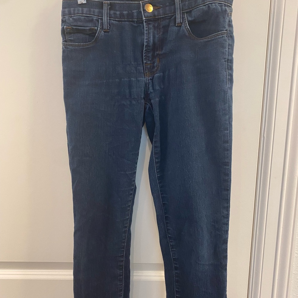 J brand , dark wash skinny jeans . Size :25